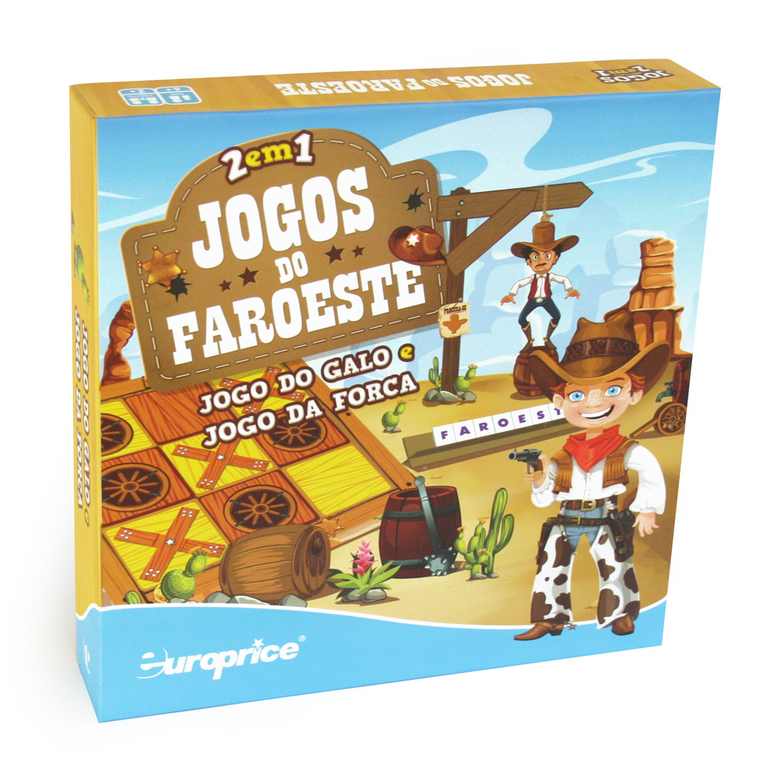 Imagem da caixa do jogo educativo Jogos do Faroeste - Jogo do Galo e Jogo da Forca.