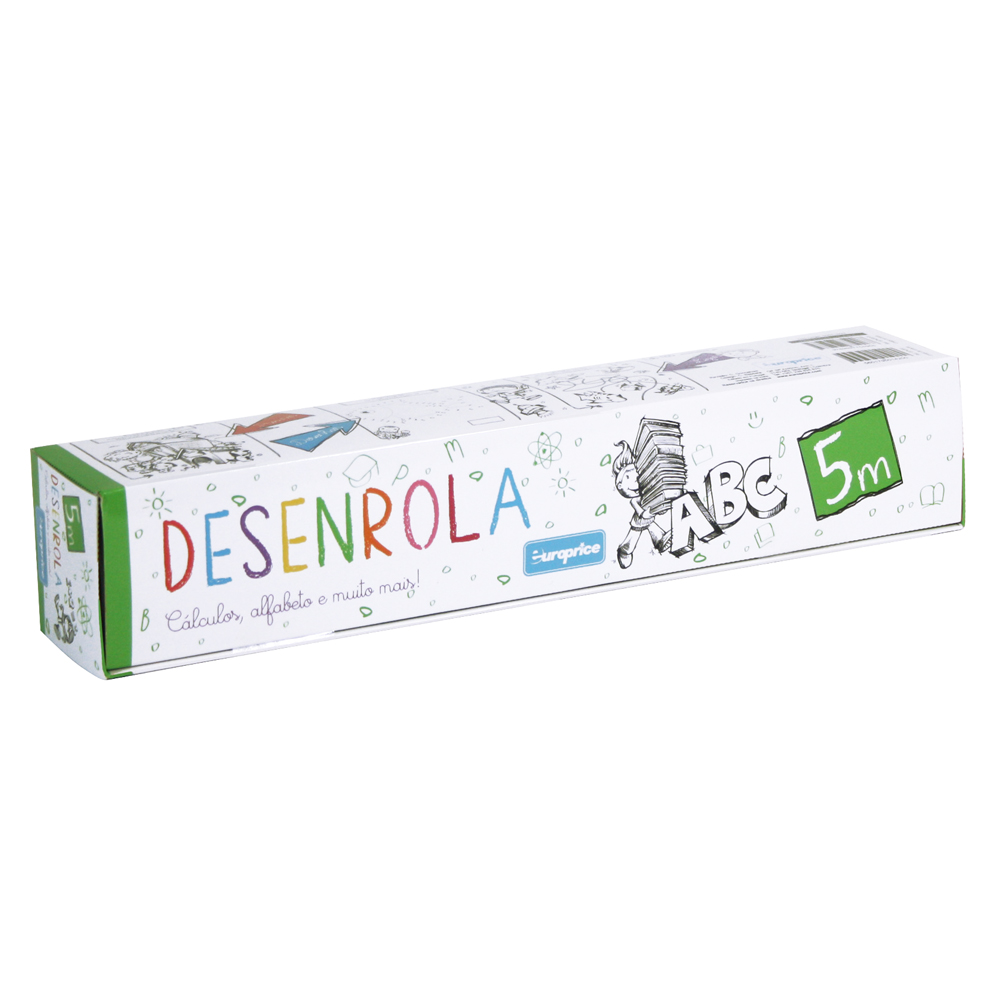 Caixa do livro-rolo Desenrola - Cálculos, alfabeto e muito mais! Tem vários desenhos a preto e branco e decoração em verde.