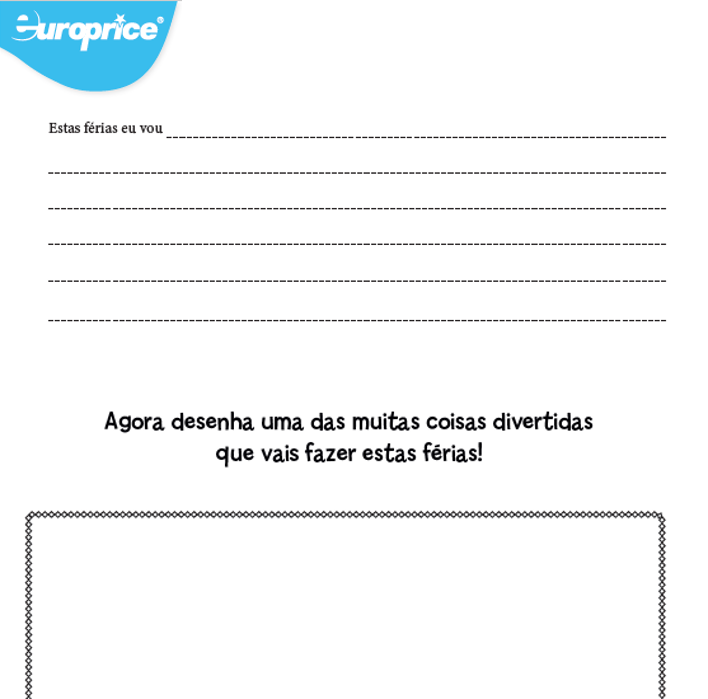 Recorte da folha das atividades educativas com o logótipo da Europrice. Apresenta uma secção com linhas para escrever e uma zona emoldurada para desenhar.