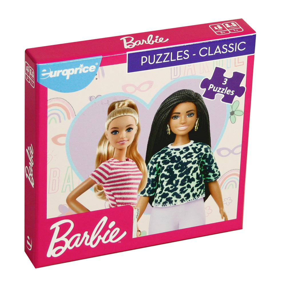 Caixa de Barbie Puzzles - Fashion. Mostra uma Barbie loira com tranças, uma Barbie com uma afro e uma Barbie com cabelo preto liso pelos ombros, num fundo rosa com padrão de óculos de sol..