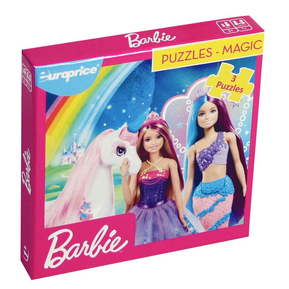 Caixa de Barbie Puzzles - Magia. Mostra uma Barbie Princesa, uma Barbie Sereia e um