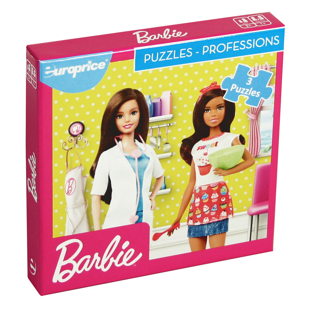 Caixa de Barbie Puzzles - Profissões. Mostra uma Barbie Médica e uma Barbie Pasteleira numa divisão com parede amarela e algum material de cozinha.