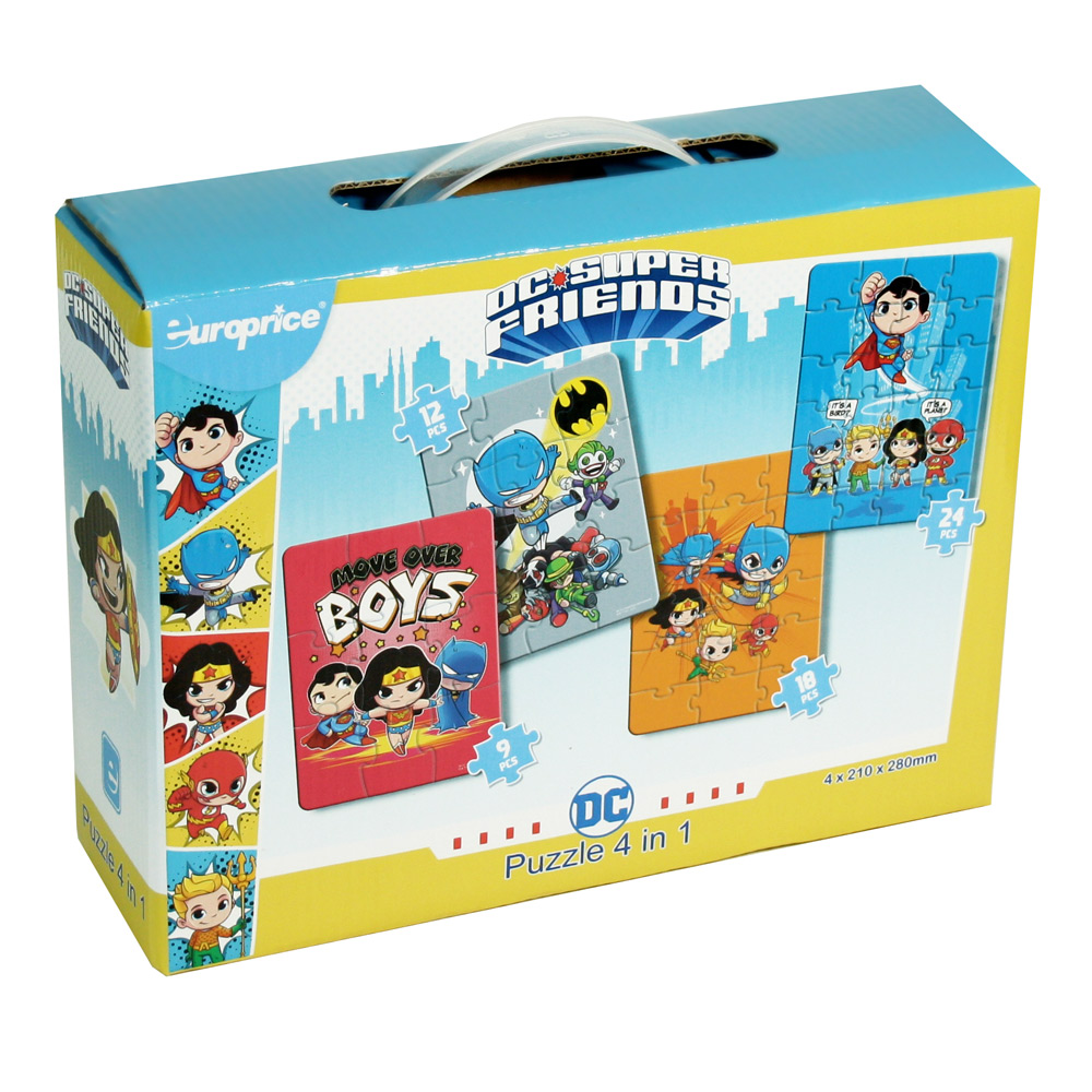Caixa de Super-Heróis DC: Puzzles 4 em 1. Mostra os 4 puzzles de personagens da DC, de 9 a 24 peças, num fundo azul e amarelo.