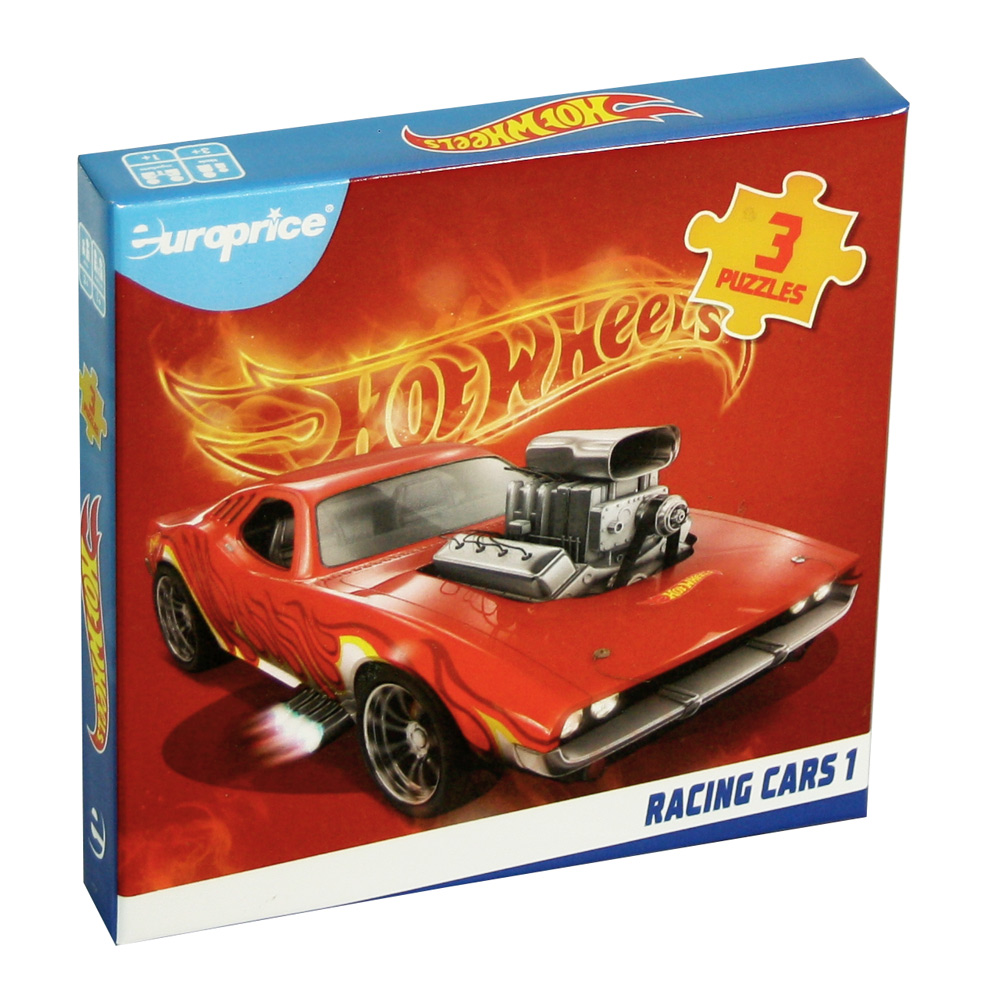 Caixa de Hot Wheels: Racing Cars - 1. Apresenta um carro clássico vermelho, com um motor em destaque. Pintado na sua carroçaria é visível um padrão de chamas. Tem como fundo um tom vermelho mais escuro.