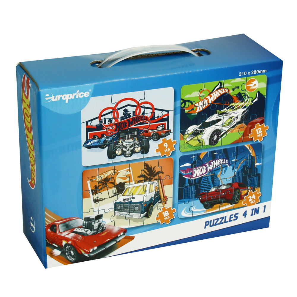 Caixa de Hot Wheels: Puzzles 4 em 1. Mostra os 4 puzzles de carros Hot Wheels, de 9 a 24 peças, num fundo azul.