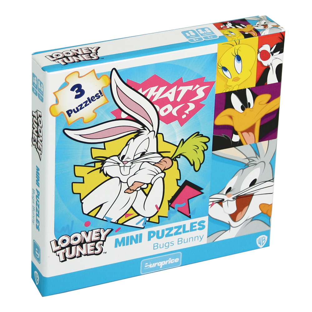 Caixa de mini puzzles Lonney Tunes - Bugs Bunny. Contém o Bugs Bunny a comer uma soculenta cenoura sob um fundo azul brilhante. Do lado direito podes ainda encontrar mais 3 amiguinhos: o Tweety, o Silvestre e o Duffy.