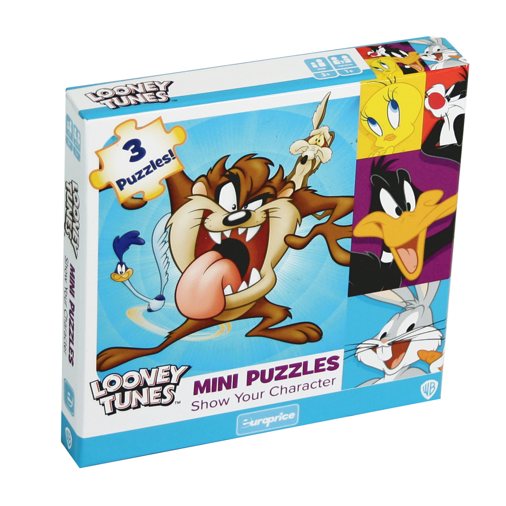 Caixa dos Mini Puzzles Looney Tunes - Show your Character. Mostra 7 personagens dos Lonney Tunes: O taz, o Bip Bip, o Coiote, o Tweety, o Silvestre, o Duffy e o Bugs Bunny.