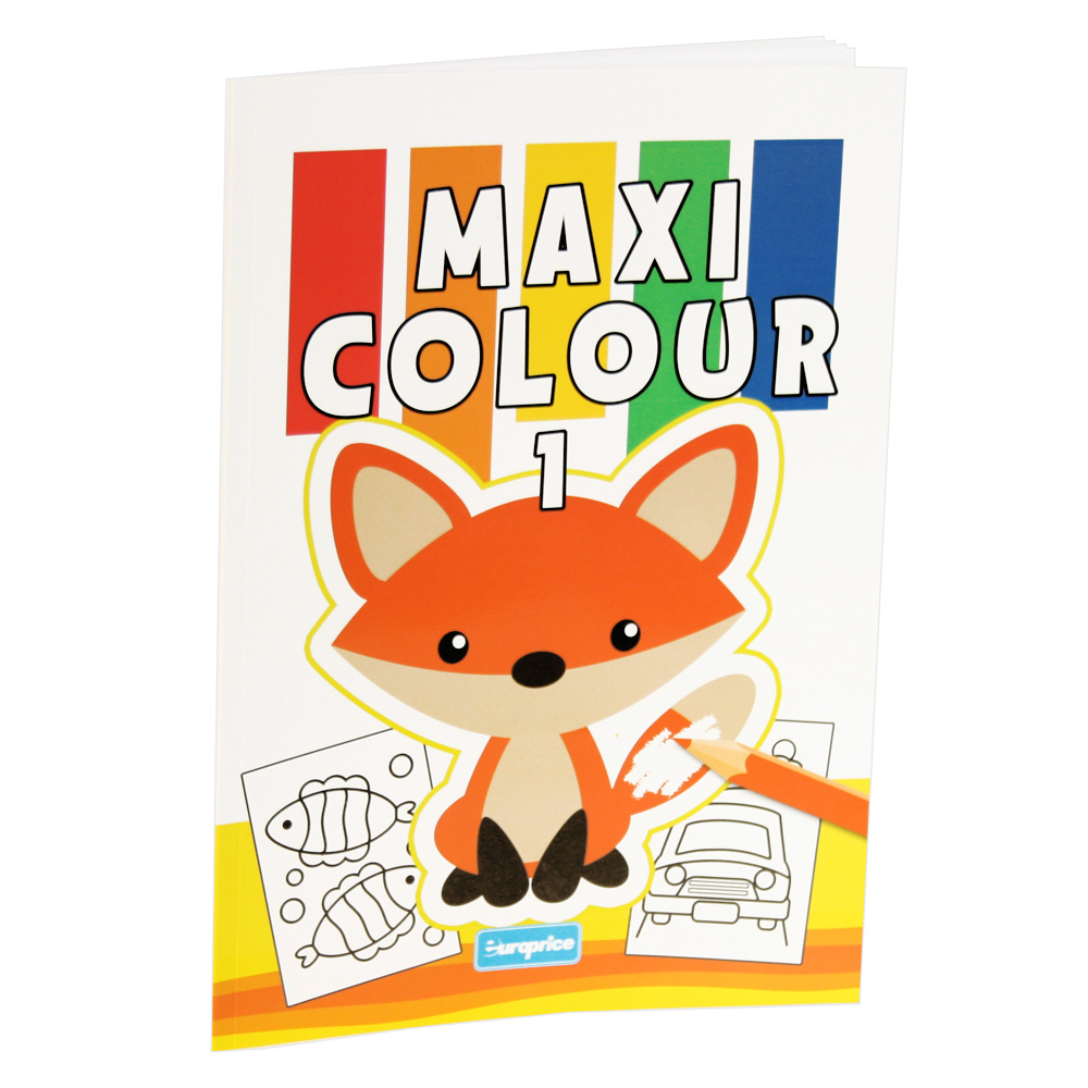 Livro Maxi Colour 1. Mostra a ilustração de uma raposa a ser colorida rodeada de folhas para pintar.