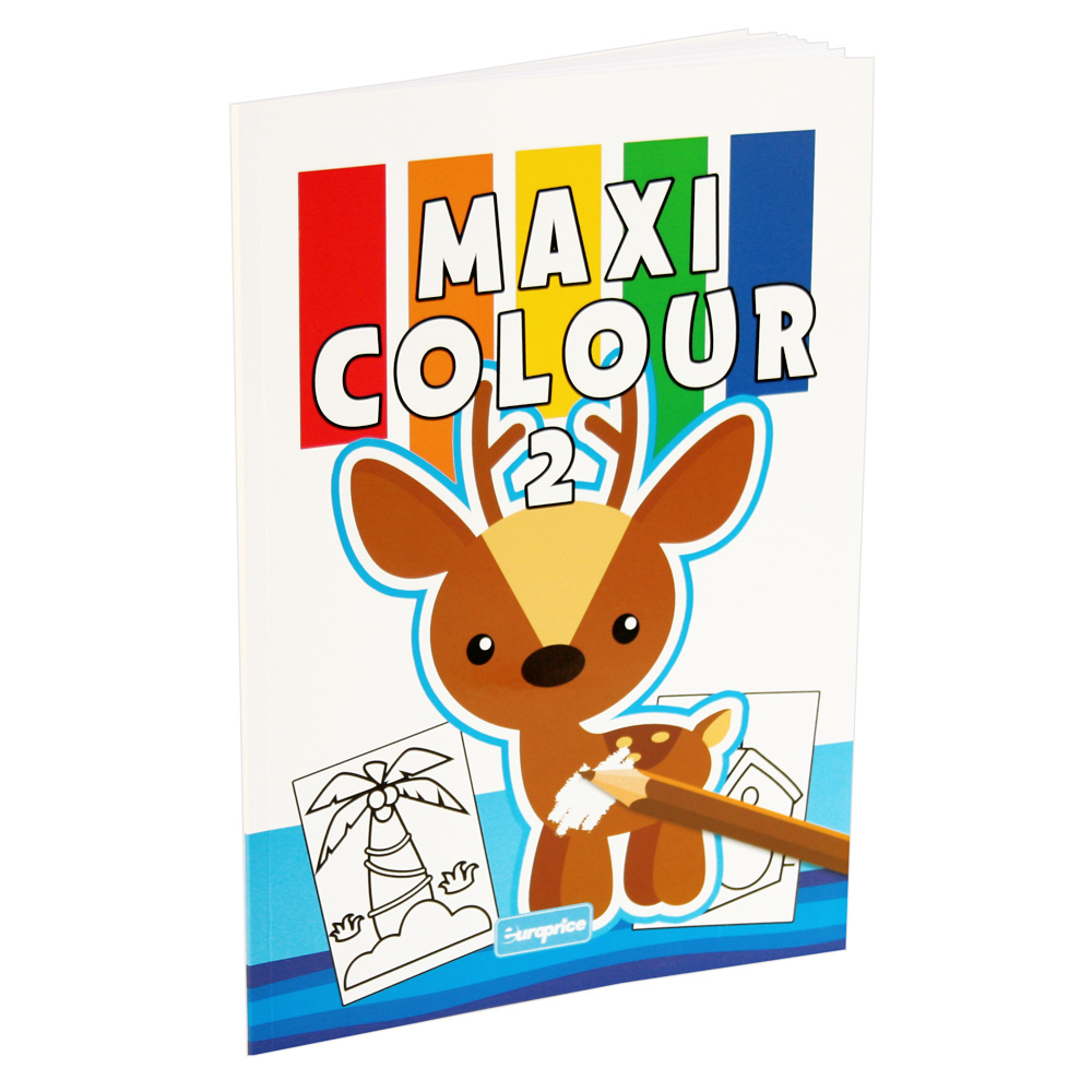 Livro Maxi Colour 2. Mostra a ilustração de um veado a ser colorido rodeado de folhas para pintar.