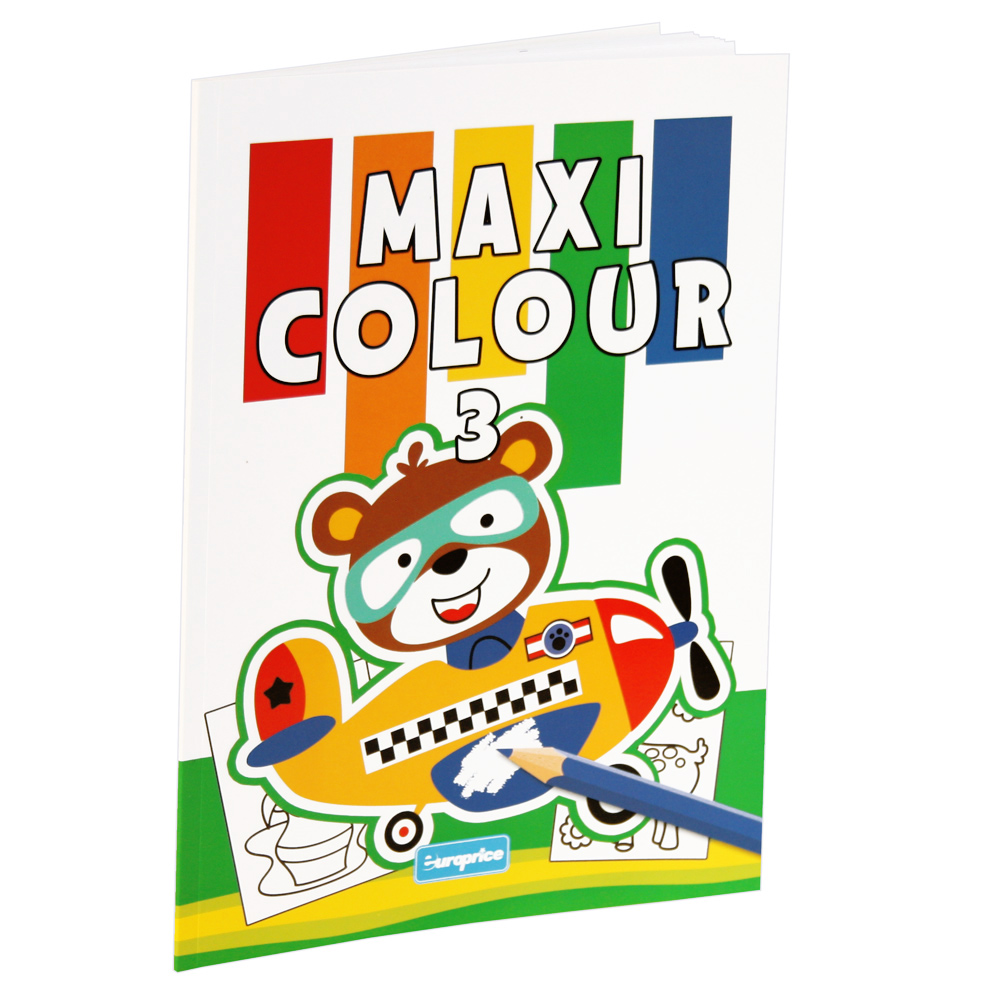 Livro Maxi Colour 3. Mostra a ilustração de um urso num avião a ser colorido rodeado de folhas para pintar.