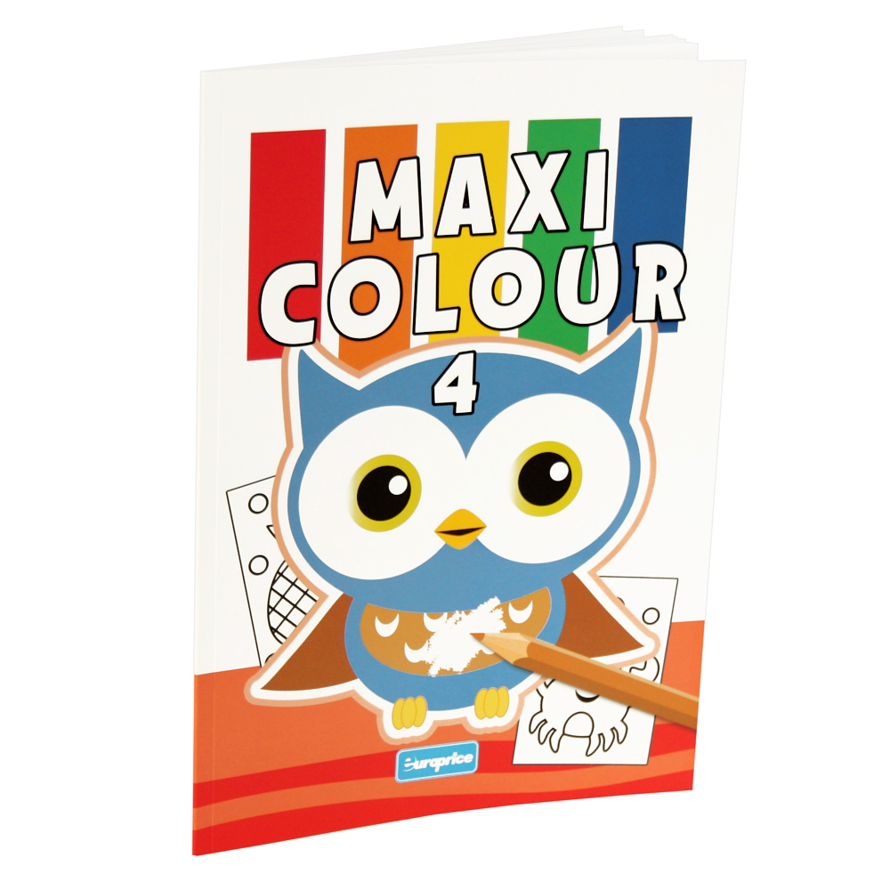 Livro Maxi Colour 4. Mostra a ilustração de um mocho a ser colorido rodeado de folhas para pintar.