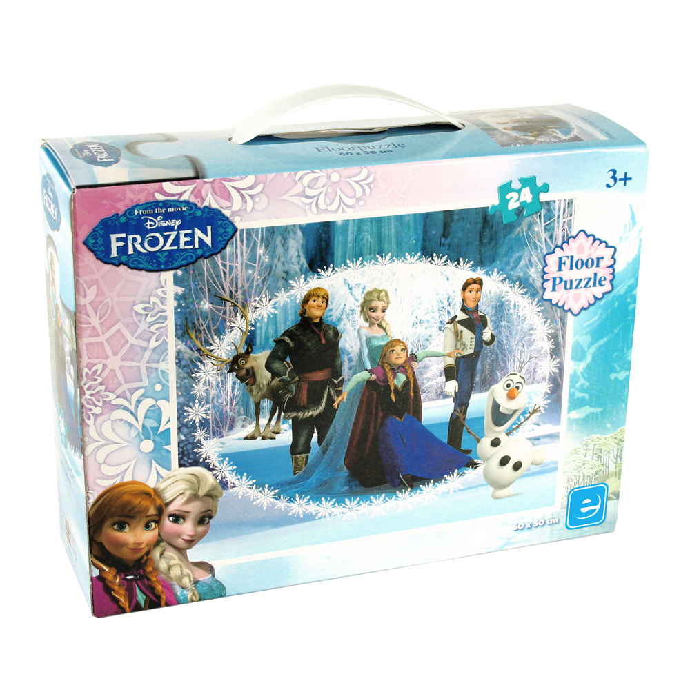 Caixa do Puzzle Diney Frozen. Mostra as personagens do filme que constam do puzzle de 24 peças. Contém uma alça para ser mais fácil de transportar.