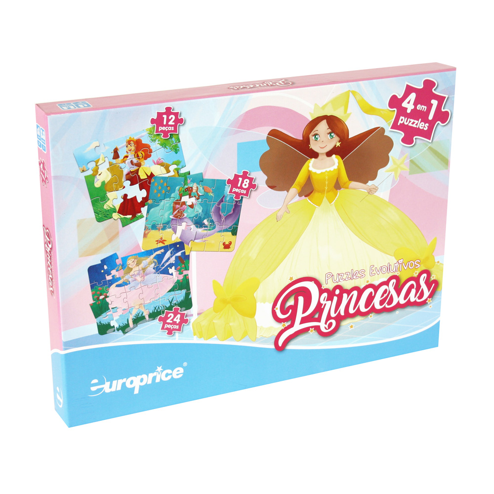 Caixa de Puzzles Evolutivos - As Princesas. Como elemento principal é mostrada uma princesa com um volumoso vestido amarelo e um chapéu pontiagudo a condizer. Do lado direito são apresentados os fundos dos outros 3 puzzles.