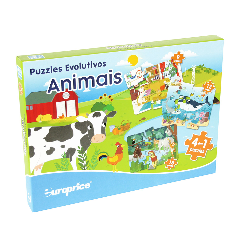 Caixa de Puzzles Evolutivos - Animais. Mostra animais numa quinta e os 4 puzzles que inclui, um da quinta, um de animais domésticos, um da selva e um do mar.
