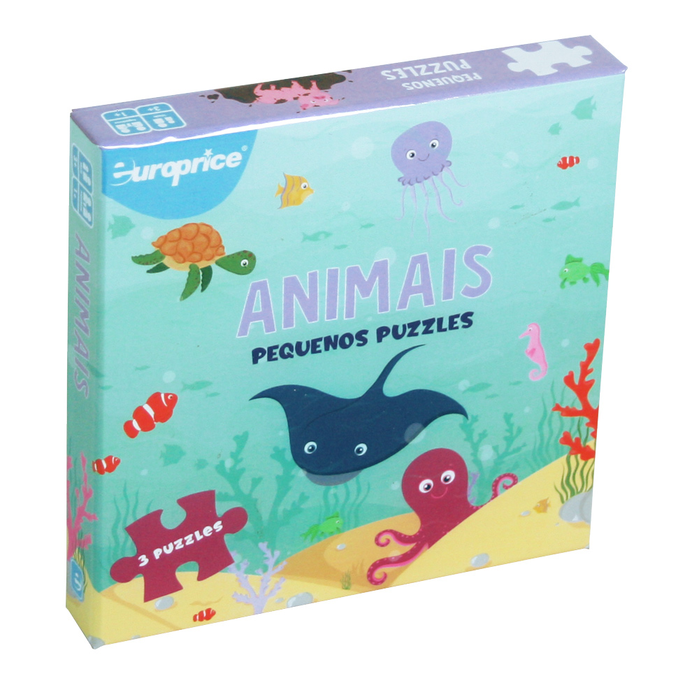 Caixa de Pequenos Puzzles - Animais. Apresenta o fundo do oceano com diversos animais marinhos como uma tartaruga, uma alforreca, uma raia, um polvo e vários peixes e corais.