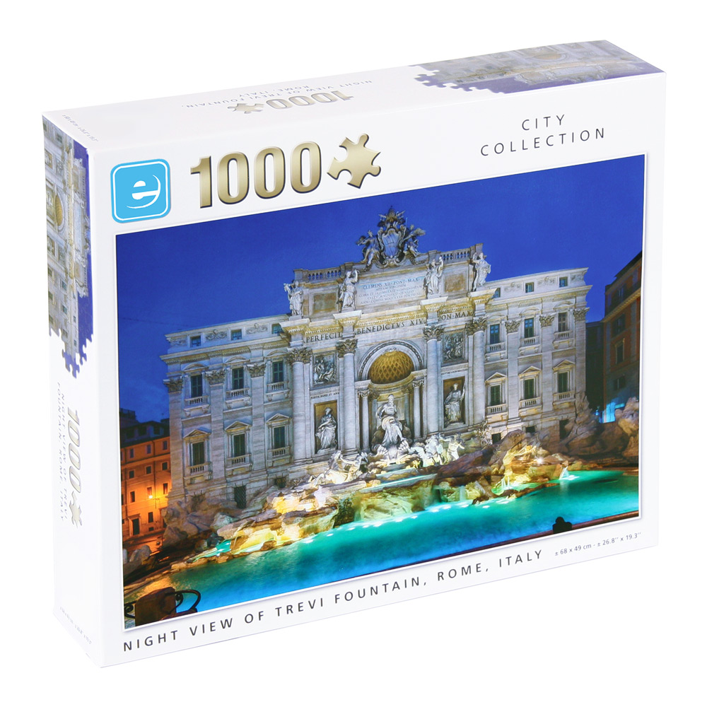 Caixa de Puzzle com 100 peças Vista Noturna Fonte de Trevi. Mostra a fonte mais emblemática do mundo, a Fonte Trevi, com as suas estátuas italianas a iluminarem-se com o cair da noite.