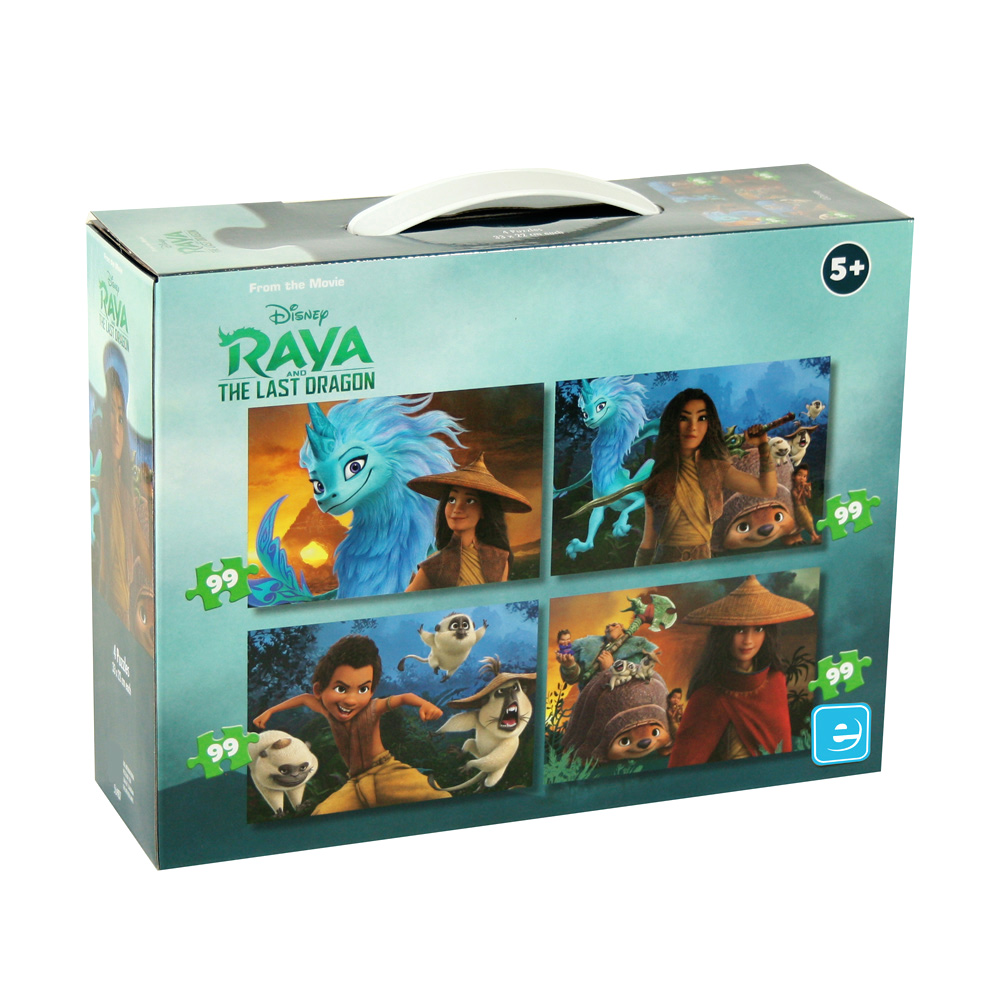 Caixa de puzzle 4 em 1 da Raya e o último Dragão. A caixa mostra as 4 imagens