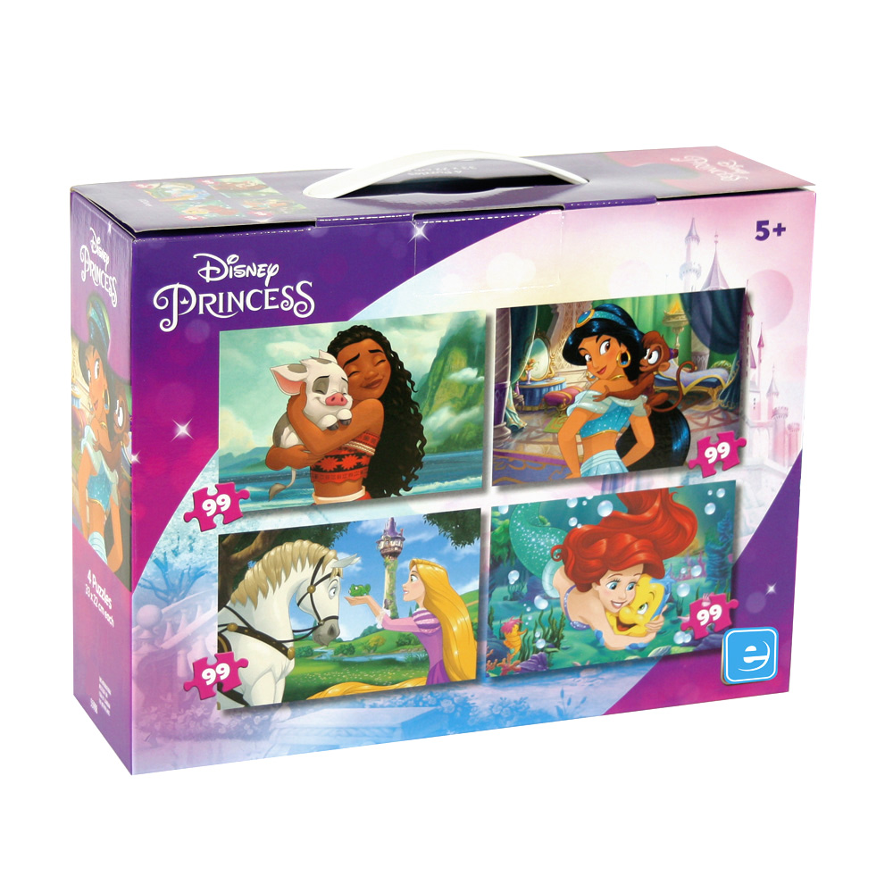 Caixa do Puzzle Disney Princesas, 4 em 1. Tem incorporada uma pega de plástico para ser mais fácil o seu transporte. Como imagens principais, são nos apresentados 4 cenários que correspondem aos puzzles existentes por dentro: a Moana, a Jasmine, a Rapunzel e a Ariel.