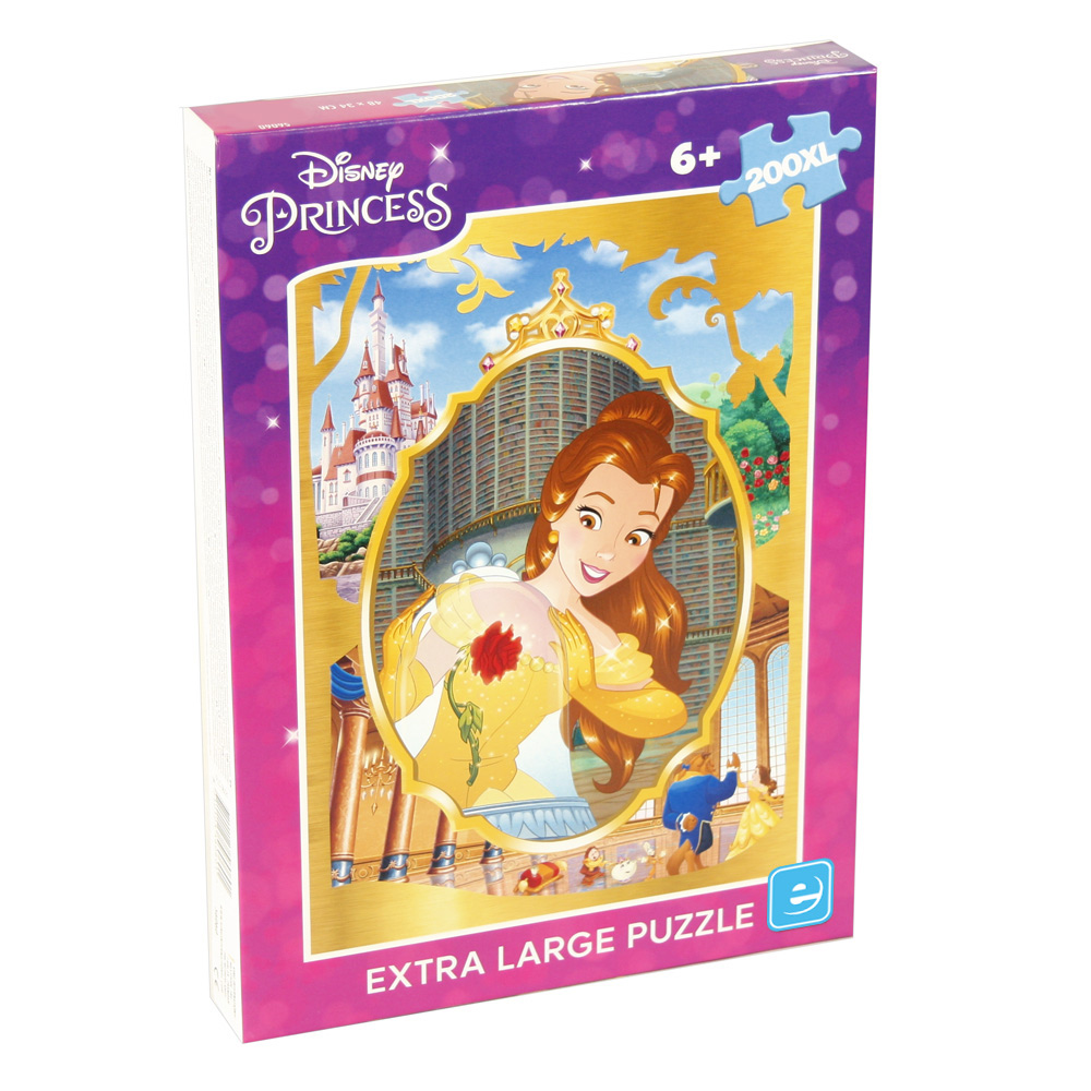 Caixa do Puzzle Disney Bela 200 peças XL. É apresentada a princesa Bela como personagem principal, com o fundo de uma biblioteca, enquanto obversa a bonita rosa do Monstro.