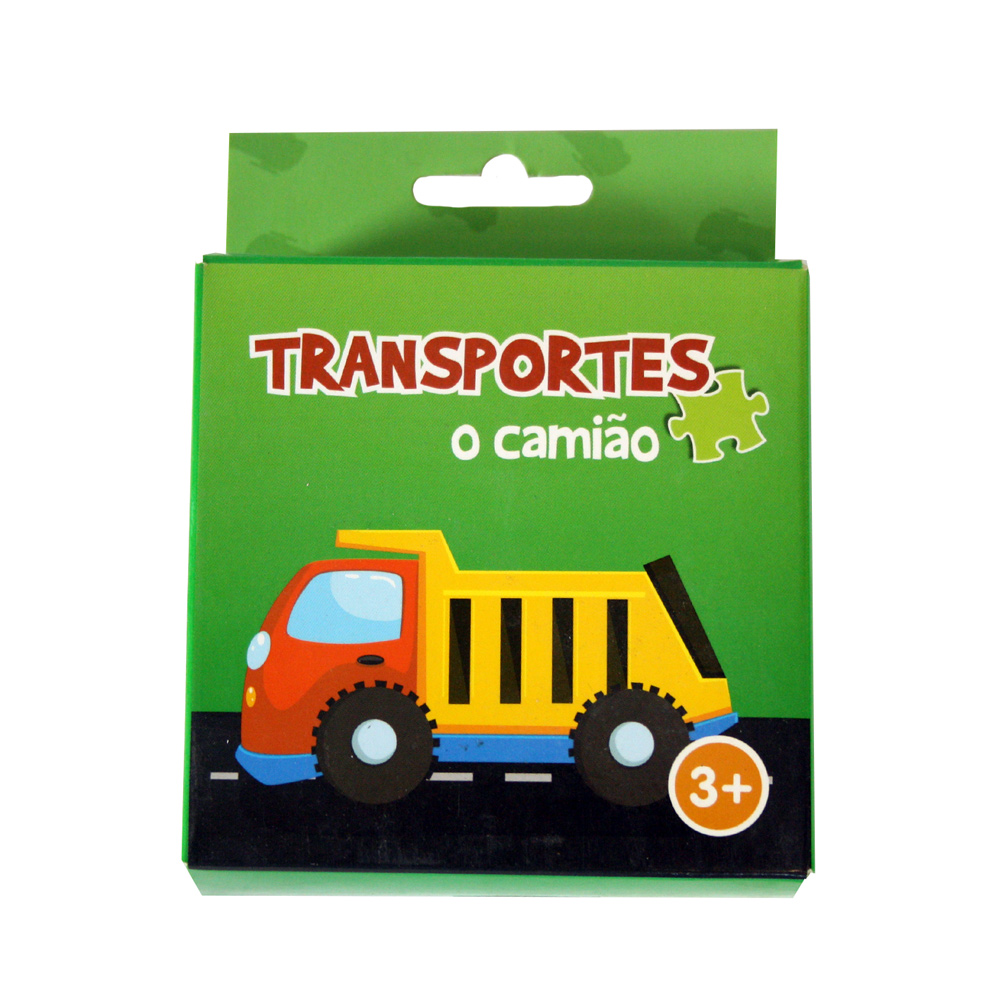 Caixa do puzzle Transportes - O camião. Apresenta um camião vermelho e amarelo.