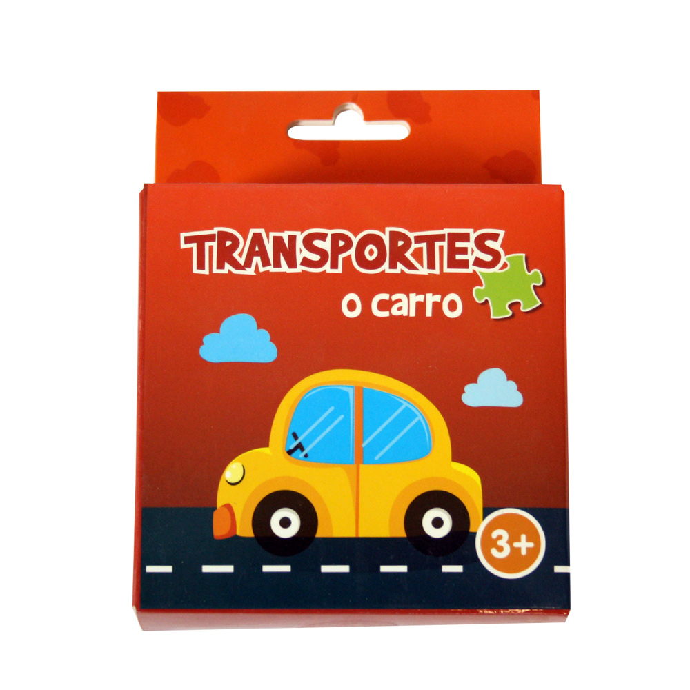 Caixa do Puzzle Transportes - O carro. Apresenta um carro amarelo a conduzir numa estrada.