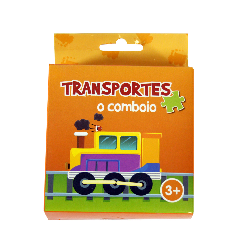 Caixa do puzzle Transportes - o Comboio. Apresenta um comboio estilo locomotiva amarelo, azul e roxo.