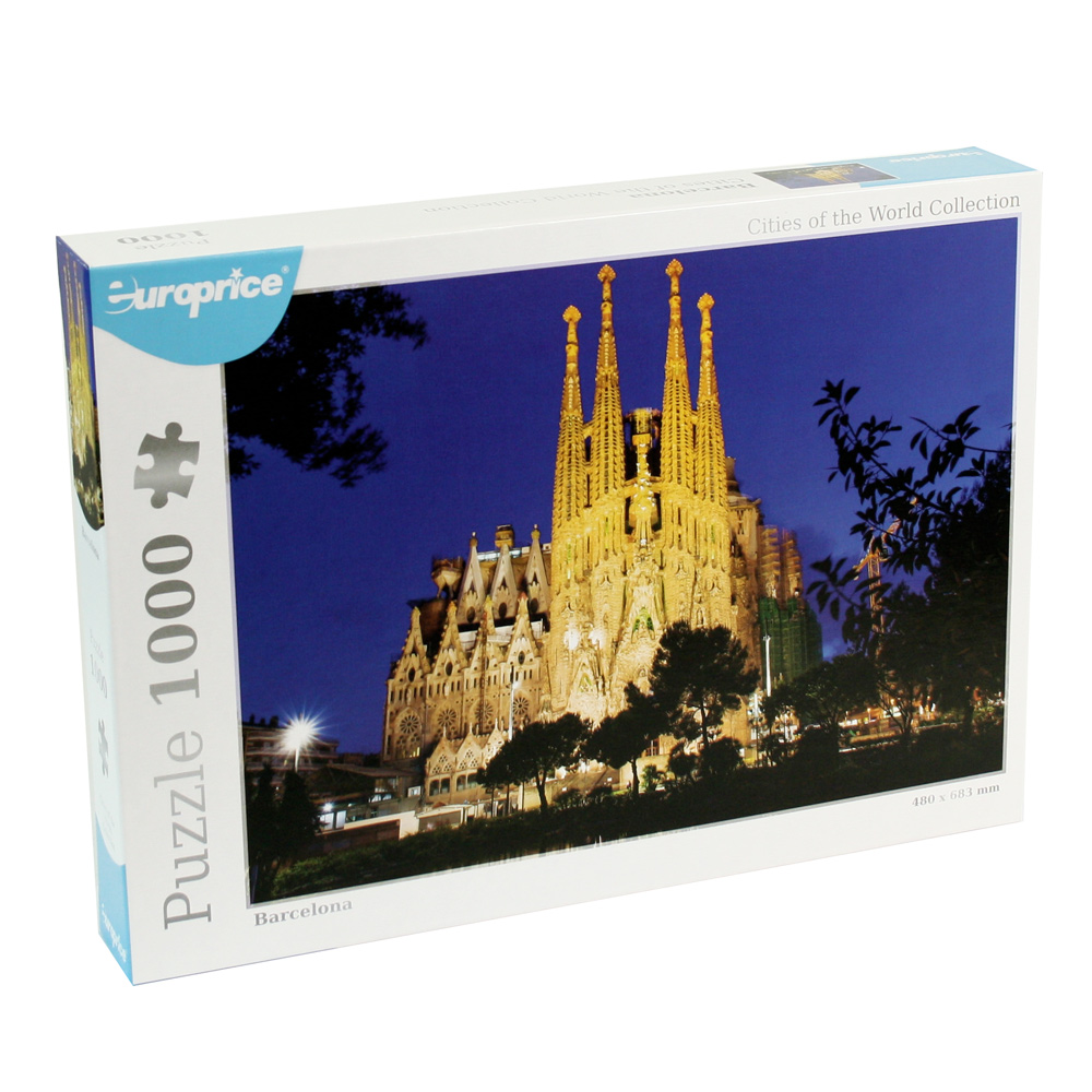 Caixa do Puzzle Cities of the World - Barcelona 1000 peças, que mostra o Templo Expiatório da Sagrada Família.