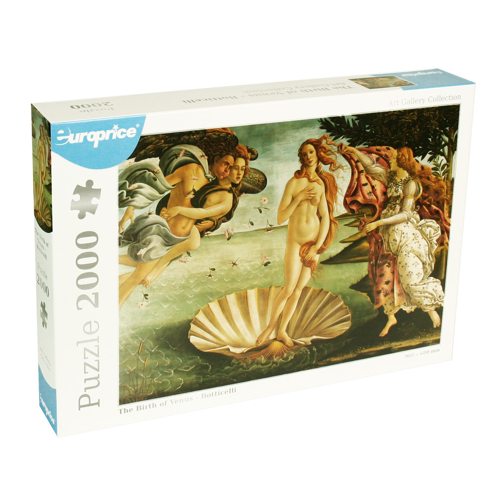 Caixa do puzzle Art Gallery Collection - Botticelli 2000 Pcs. Mostra a famosa pintura do artista italiano Sandro Botticelli, O Nascimento de Vénus.