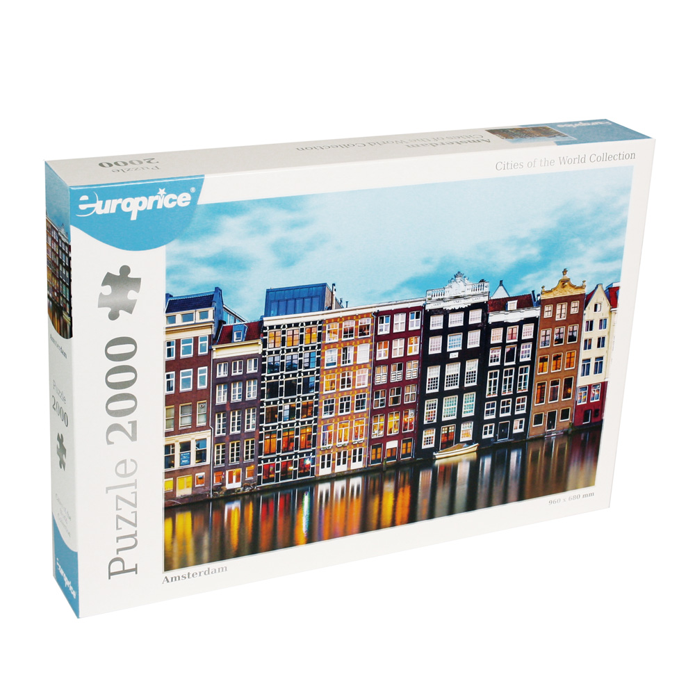 Caixa do Puzzle Cities of the World - Amsterdam 2000 pcs, que mostra um canal e as casas tradicionais à sua beira.