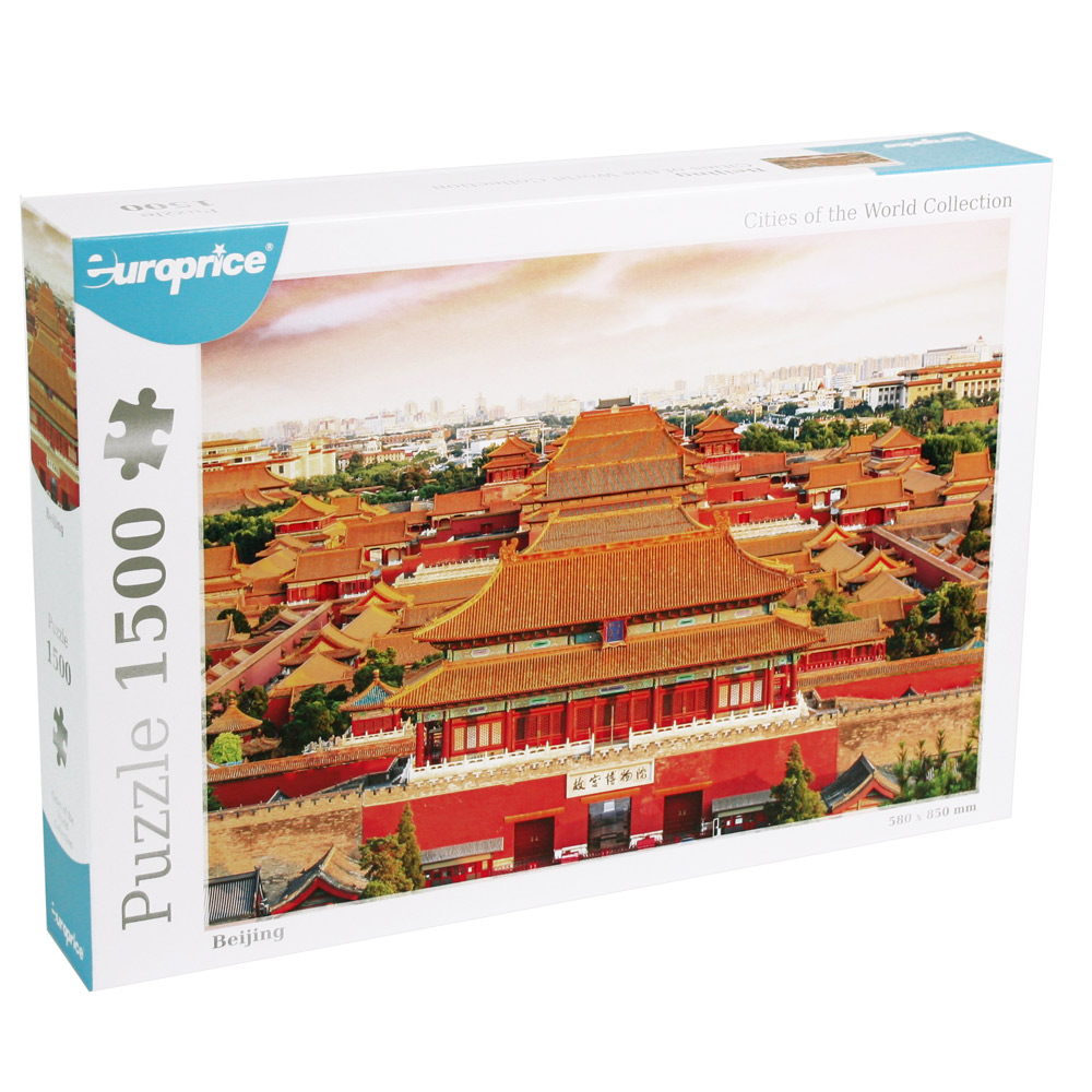 Caixa do Puzzle Cities of the World - Beijing 1500 Pcs. que mostra a Cidade Proibida, constituída por vários edifícios antigos.