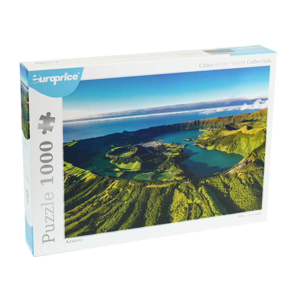 Caixa do puzzle Cities of the World - Azores. Mostra um dos pontos turísticos mais movimentado da ilha, a Lagoa das sete cidades.