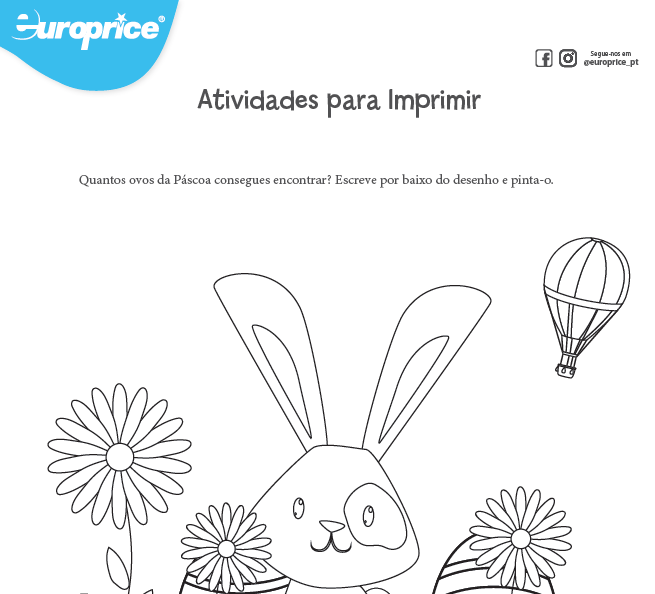 Recorte da folha das atividades educativas. Apresenta um coelho, flores, um balão de ar quente e o logótipo da Europrice.