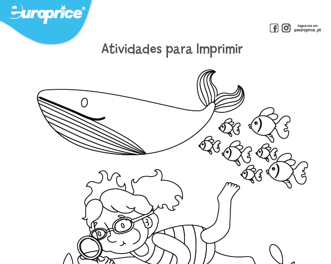 Recorte da folha das atividades educativas com o logótipo da Europrice. Apresenta um desenho com uma baleia, peixinhos e uma menina a nadar e explorar o oceano.