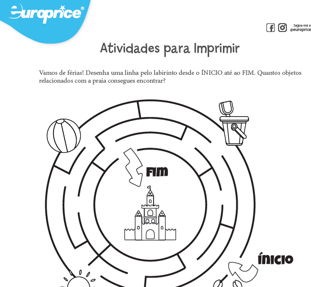 Recorte da folha das atividades educativas com o logótipo da Europrice. Apresenta um labirinto desenhado com objetos da praia e um castelo no centro.