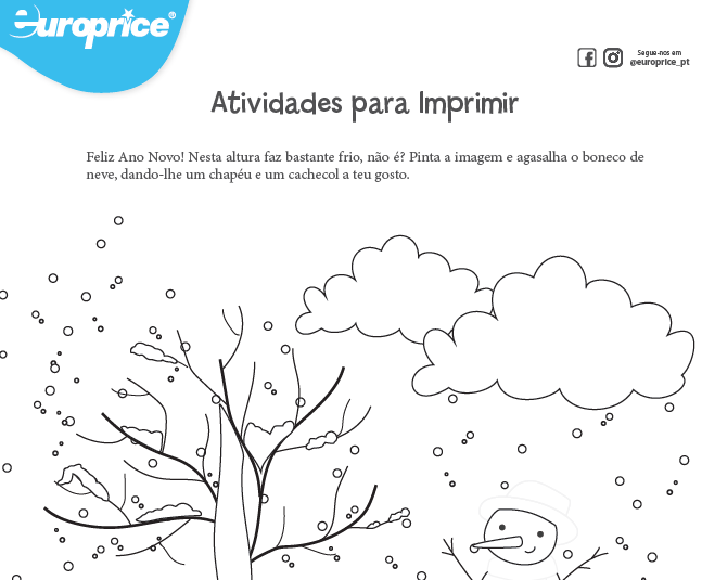 Recorte da folha das atividades educativas. Apresenta árvore com neve, neve a cair, um boneco de neve e o logótipo da Europrice.