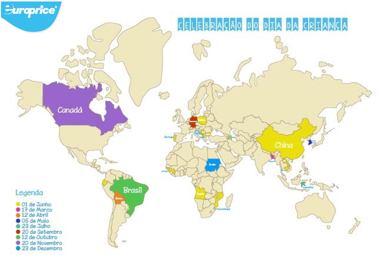 Imagem do mapa mundo com o logótipo da Europrice com diferentes cores, identificando os países que celebram o dia mundial da criança noutras datas (que se encontram na legenda)