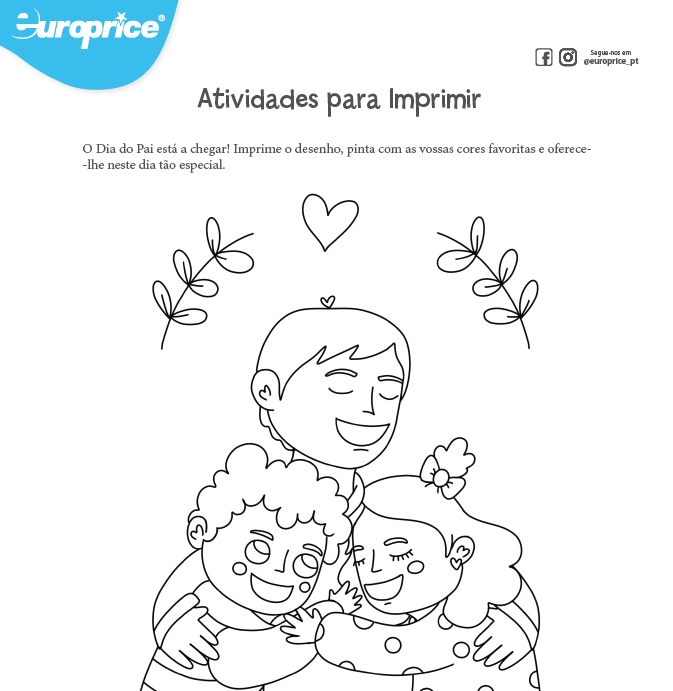 Recorte da folha das atividades educativas com o logótipo da Europrice. Apresenta um homem, pai abraçado aos seus filhos, um rapaz e uma rapariga.