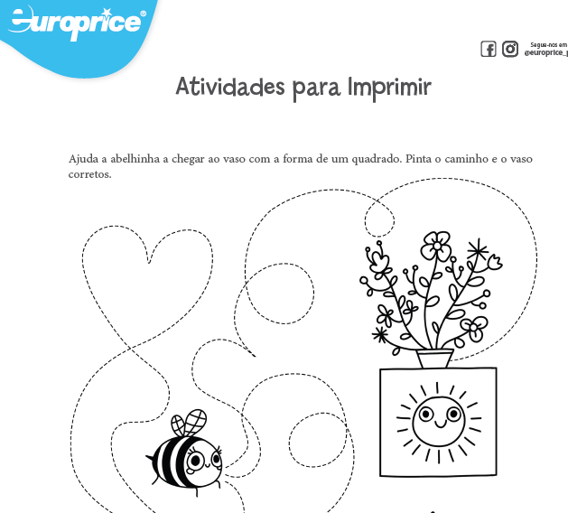 Recorte da folha das atividades educativas com o logótipo da Europrice. Apresenta uma abelha um vaso apoiado numa coluna com o sol desenhado.