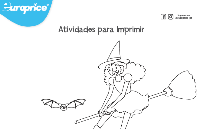 Recorte da folha das atividades educativas com o logótipo da Europrice. Apresenta um desenho de uma bruxa em cima da vassoura a voar e com um morcego ao seu lado.