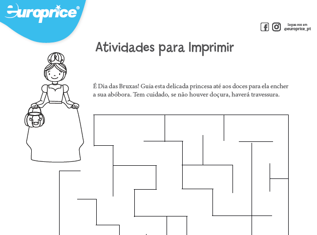 Recorte da folha das atividades educativas com o logótipo da Europrice. Apresenta um desenho de um labirinto para ajduar a princesa a chegar ao destino final.