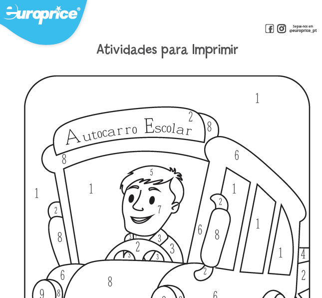 Recorte da folha das atividades educativas com o logótipo da Europrice. Apresenta um autocarro escolar com o seu motorista em que tem zonas numeradas para pintar de cores diferentes.