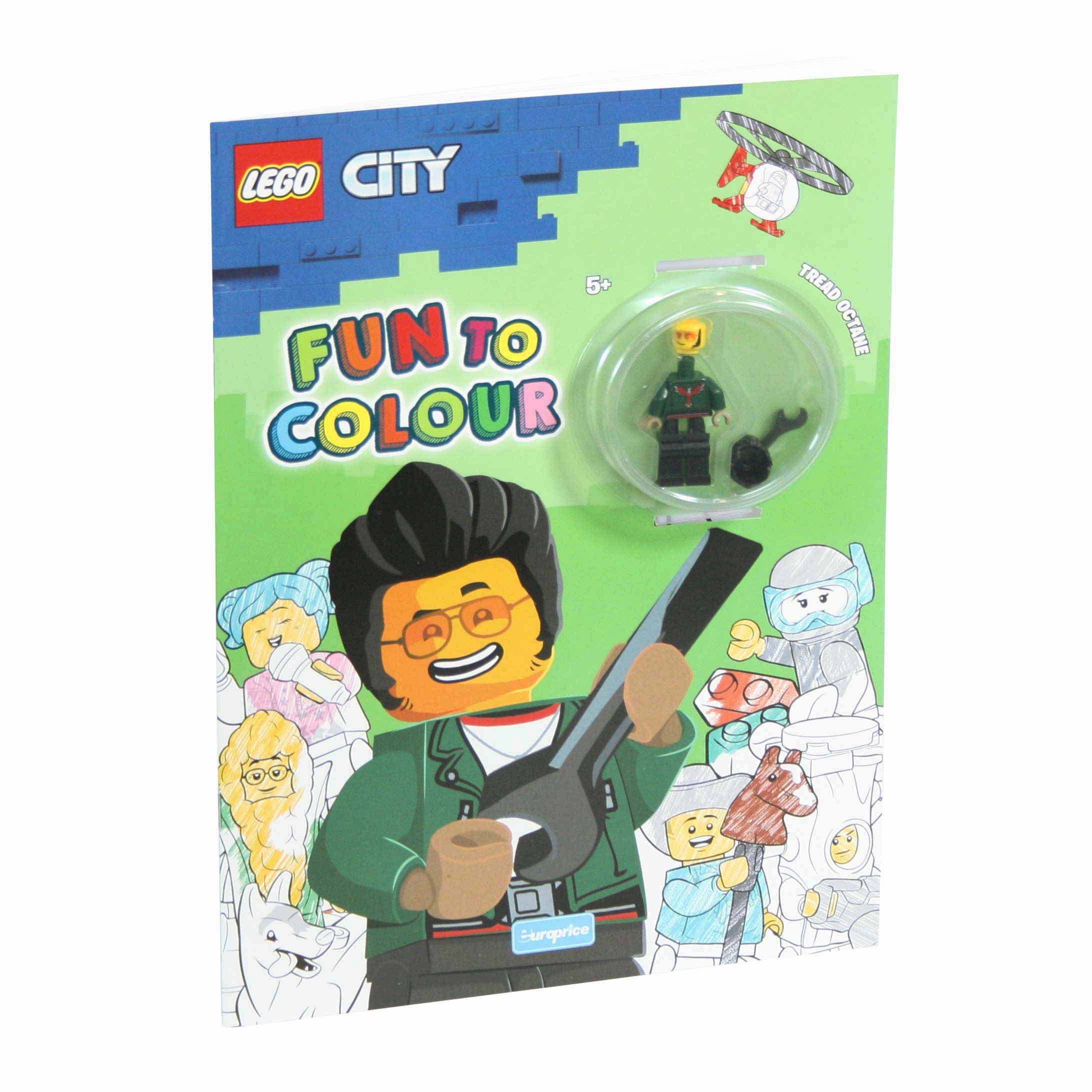 Imagem da capa do livro de pintar "Lego Fun to Colour - City Tread Octane" com a minifigura LEGO.