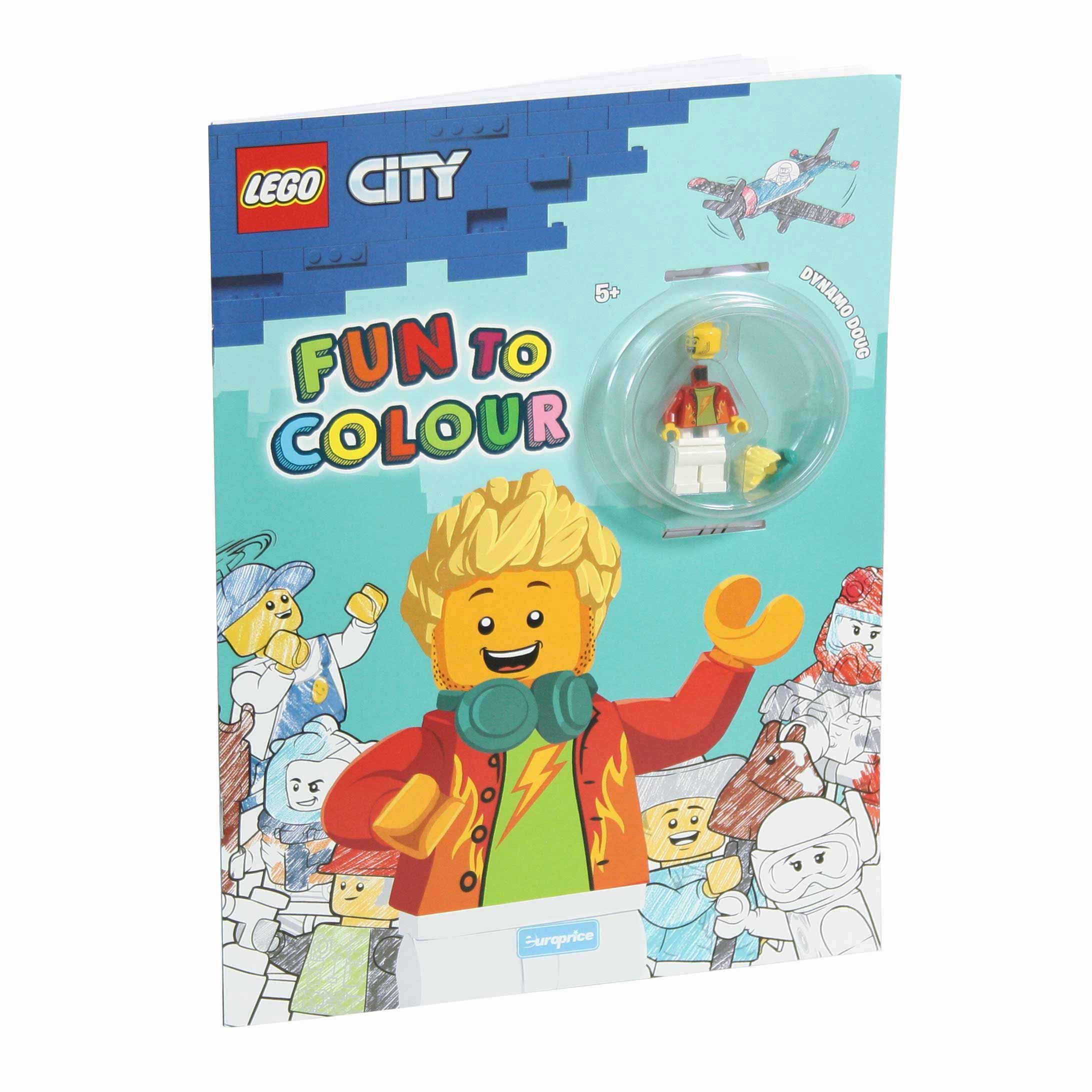 Imagem da capa do livro de pintar "Lego Fun to Colour – City Dynamo Doug" com a minifigura LEGO.