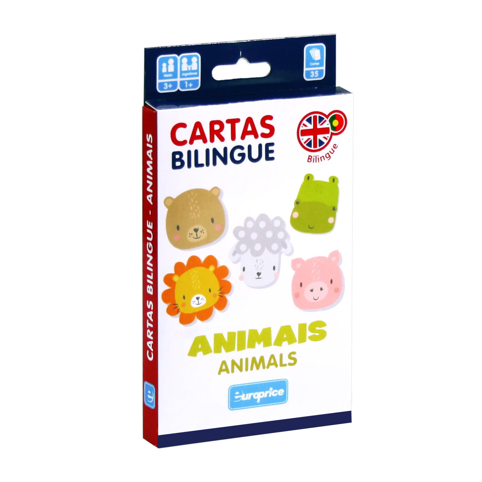 Caixa do jogo Cartas Bilingue - Animais. É uma caixa de cartas vertical, em tons de branco, vermelho e azul escuro, com caras de animais fofinhos a sorrir.