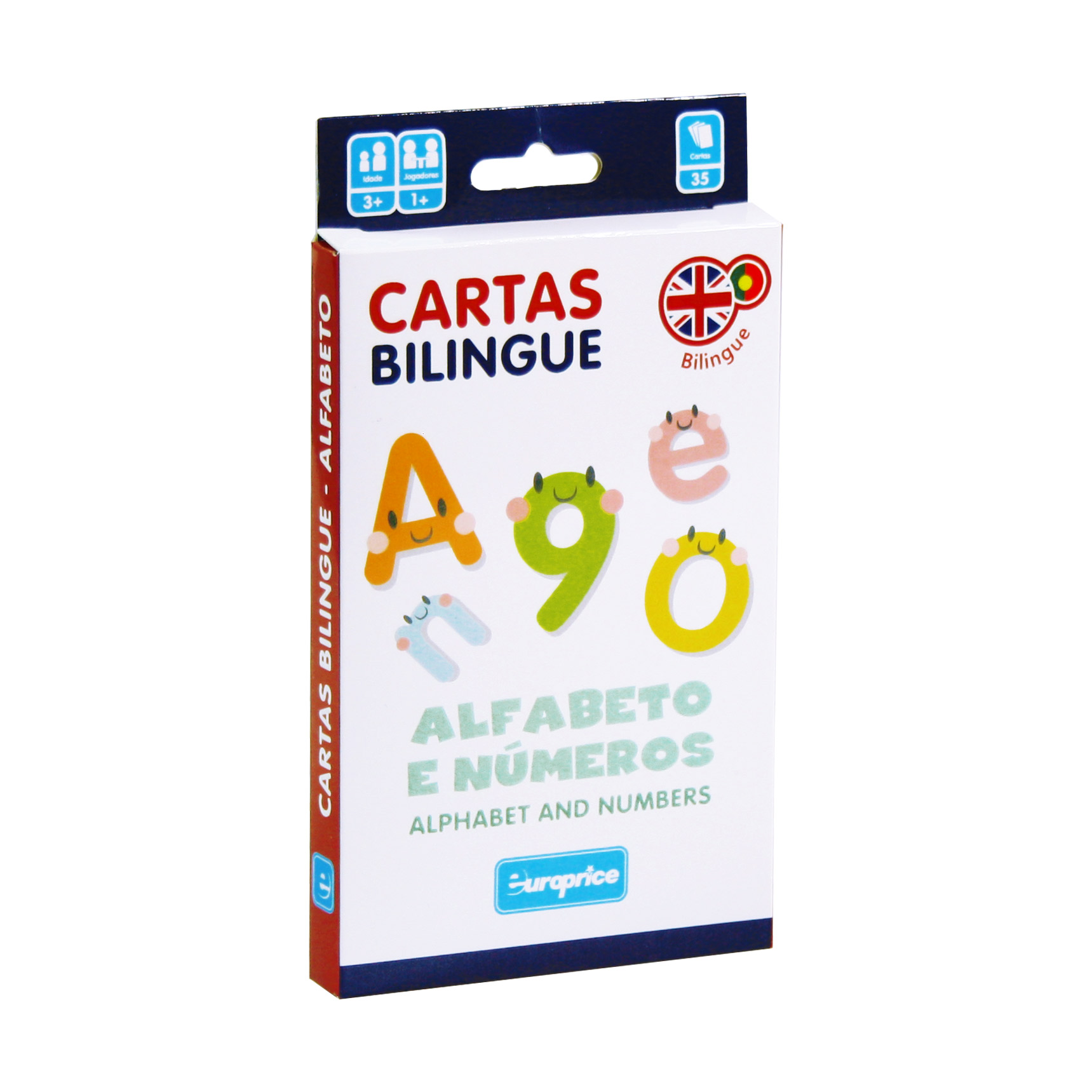 Caixa do jogo Cartas Bilingue - Alfabeto e números. É uma caixa de cartas vertical, em tons de branco, vermelho e azul escuro, com letras e números coloridos, com caras engraçadas.