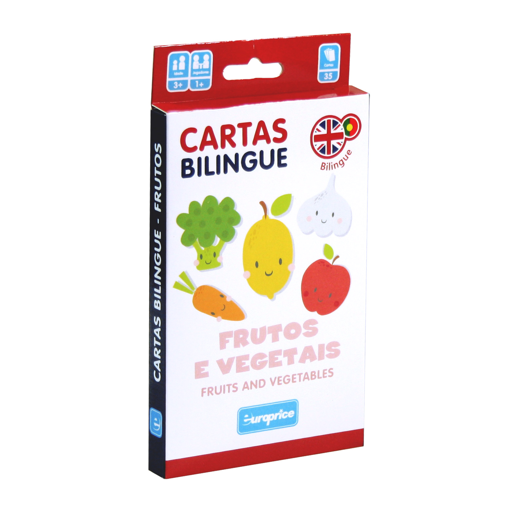 Caixa do jogo Cartas Bilingue - Frutos e Vegetais. É uma caixa de cartas vertical, em tons de branco, vermelho e azul escuro, com ilustrações de frutos e vegetais a sorrir.
