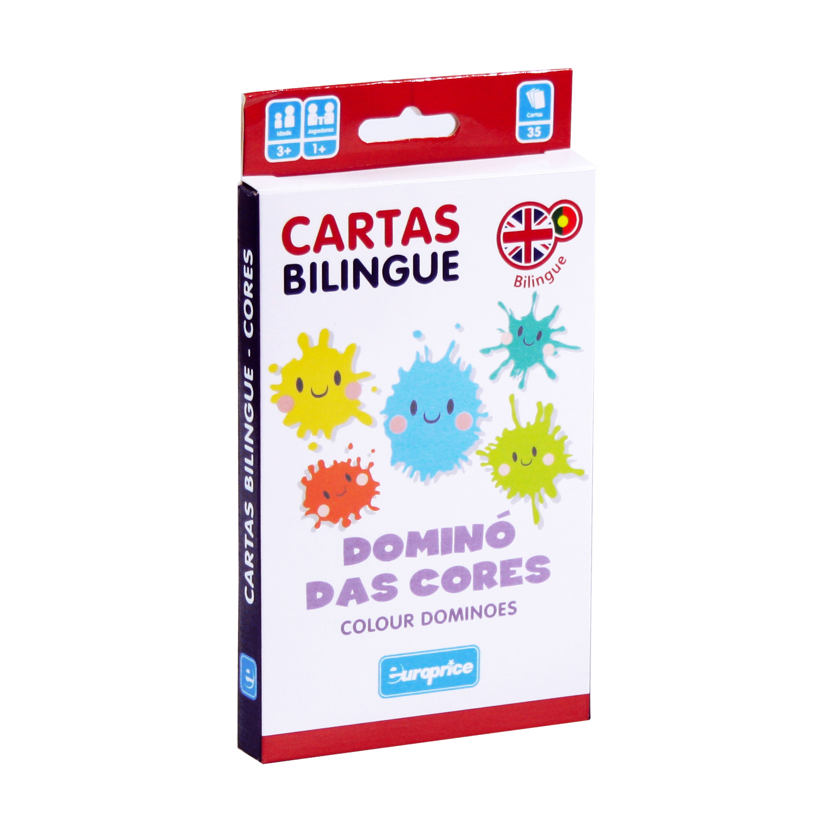 Caixa do jogo Cartas Bilingue - Dominó das Cores. É uma caixa de cartas vertical, em tons de branco, vermelho e azul escuro, com ilustrações de manchas de cores diferentes a sorrir.