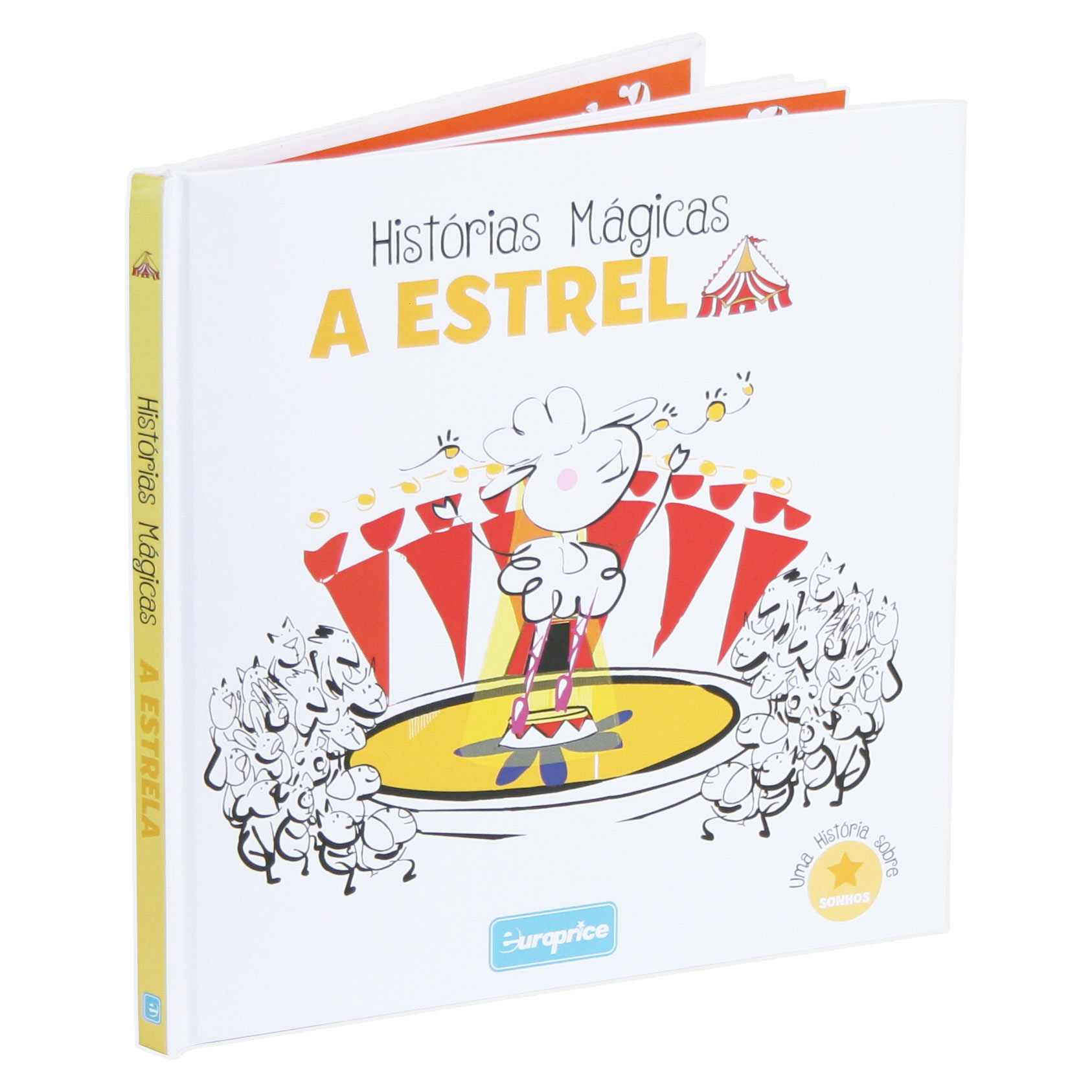 Mostra o livro Histórias Mágicas - A Estrela, com a ovelha Estrela no meio da capa, rodeada de pessoas, num circo.