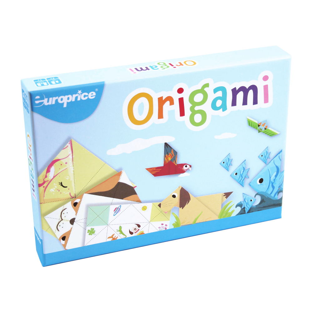 Caixa do jogo Origami. Mostra vários animais formados através de folhas de papel. Num ambiente didático com um céu azul como fundo.