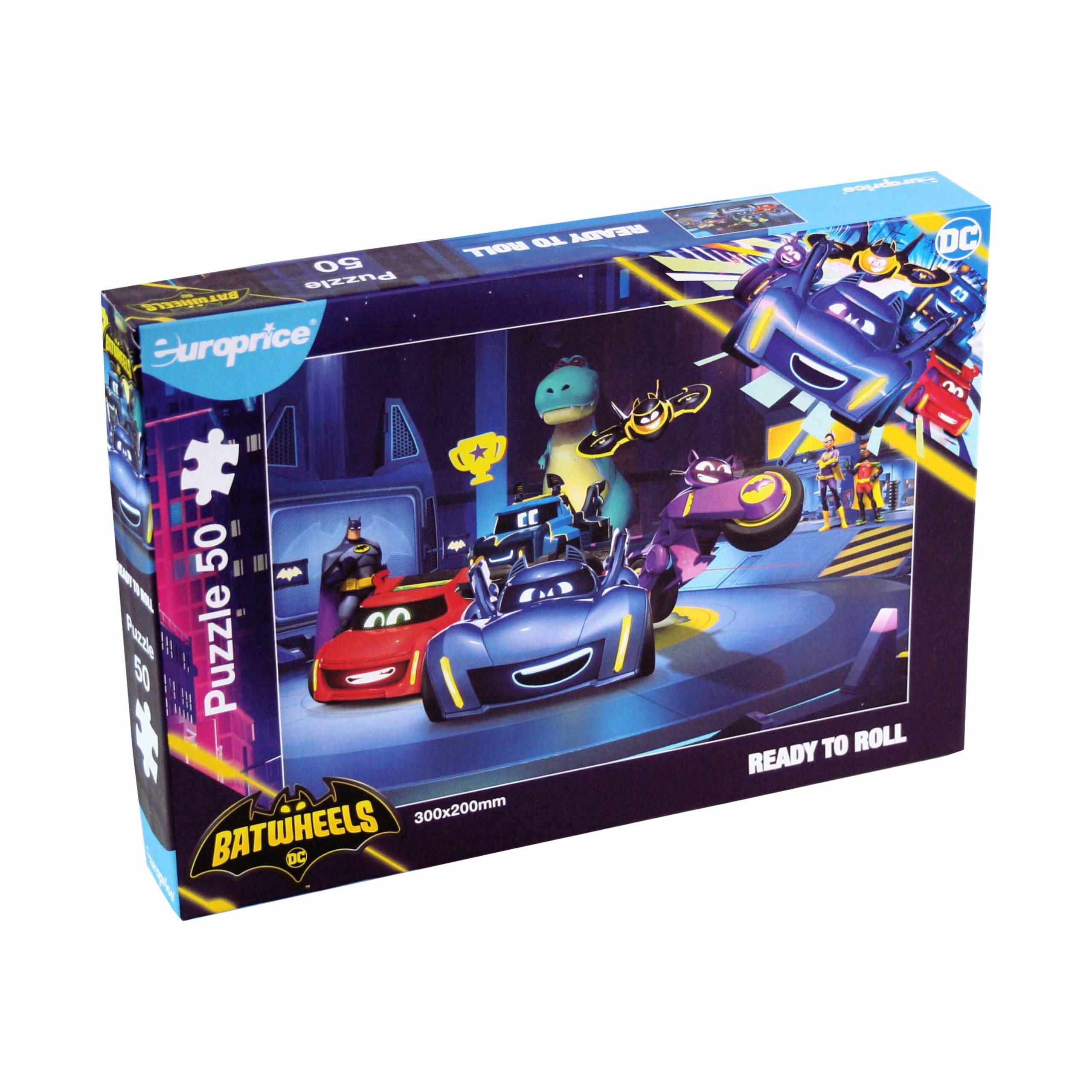 Caixa do Puzzle Batwheels: Ready to roll. é apresentada uma imagem com as principais personagens desta equipa. Ao fundo ainda aparece o Batman, o Robin e a Batgirl que são os proprietários dos veículos. Todos eles se encontram na garagem do Batman.